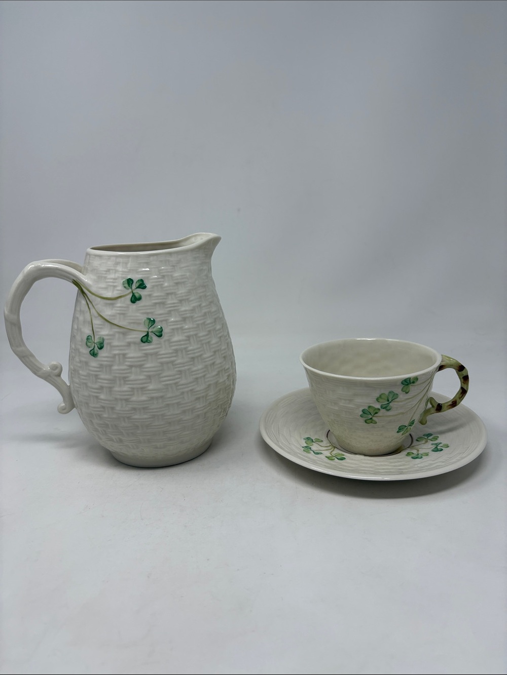 BELLEEK Made In Ireland Shamrocks 3 Piece Pitcher Cup and Saucer Set